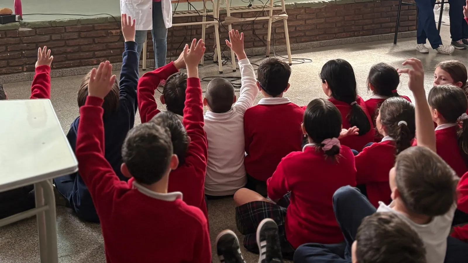 Niños de primaria del Colegio Anglo Americano de Alta Gracia levantan la mano durante la charla de Aterym Alta Gracia sobre el cuidado de los riñones